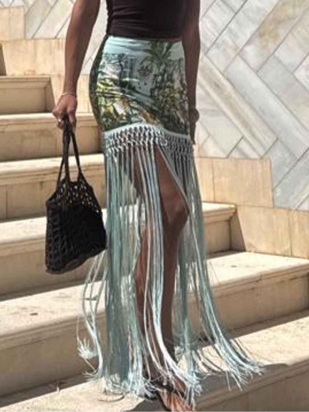 Boho Fringe Maxi Skirt in Light Blue